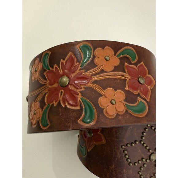 Leather Belt M Brown Floral Boho Studded 2.5" wide Tooled Leather Brass Buckle - Picture 3 of 16